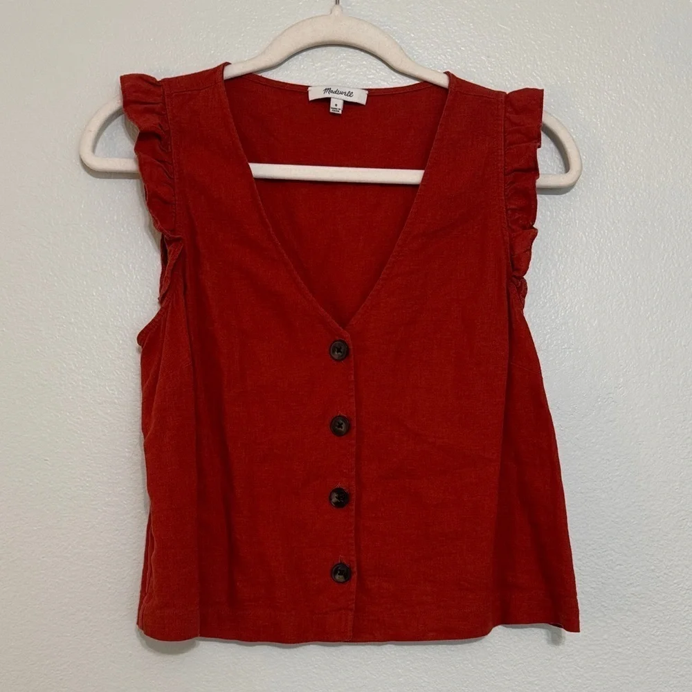 Madewell Linen-Blend Ruffle Button-Front Tank - Picture 2 of 6